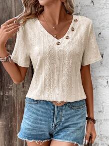 SHEIN LUNE Women's Solid Color V-Neck Short Sleeve T-Shirt - Apricot - View 3