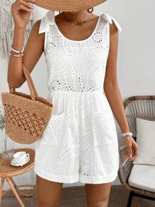 SHEIN LUNE Women's Tie Shoulder Embroidered Romper - White - View 4