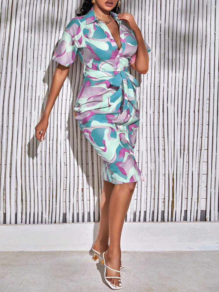 Women's Short Sleeve Printed Shirt Dress