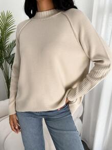 EURMUSE Mock Neck Raglan Sleeve Sweater - Beige - View 4
