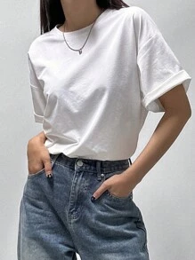 DAZY 女士纯色圆领 T 恤 Y2k - 白色 - 查看 1