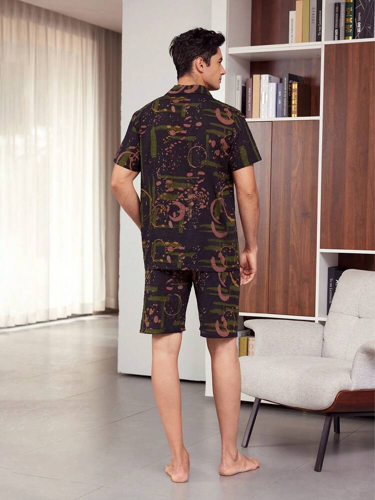 Men's Printed Round Neck Short Sleeve T-Shirt And Shorts Homewear Set