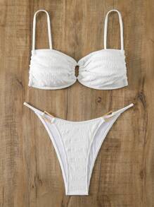 SHEIN Swim 女士纹理细肩带比基尼套装夏季海滩 - 白色 - 查看 6