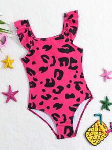 Young Girl Pink Leopard Print Swimsuit (Random Print) Without Hemming - Hot Pink - View 1