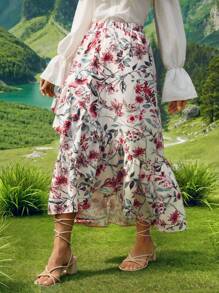 SHEIN VCAY Women's Floral Print Ruffle Wrap Floral Skirt - White - View 6