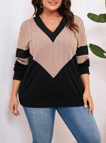 SHEIN LUNE 大码女款拼色 V 领运动衫 - 彩色 - 查看 3