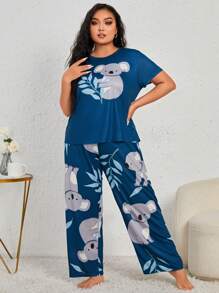 Koala Print Short Sleeve Pajama Sleepwear Top With Round Neck