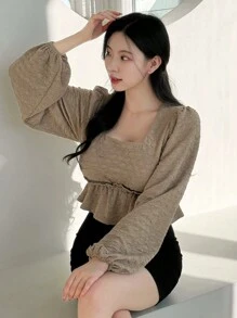 DAZY 女士灯笼袖荷叶边下摆上衣，秋季长袖女式上衣，可爱上衣