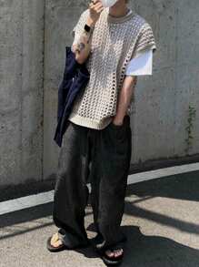 DAZY Men's Summer Round Neck Solid Color Semi-Sheer Knitted Top Fall,Winter - Khaki - View 6
