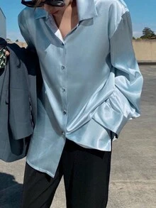 Blusa Azul Satinada Brillante - Celeste - Ver 3