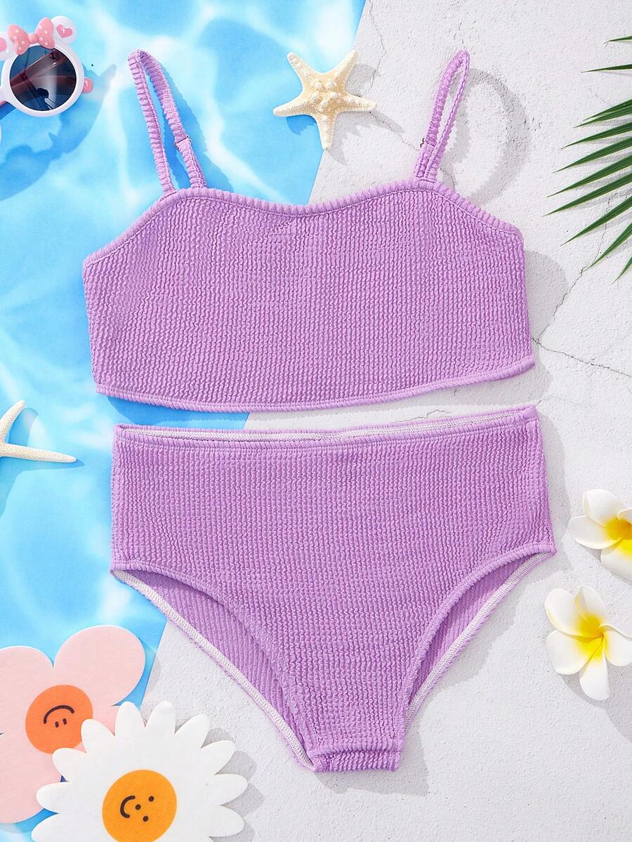 SHEIN Cô gái Tween Giải trí Dệt kim Bikini Áo bơi Bộ , Mùa hè - Màu tím - Xem 1