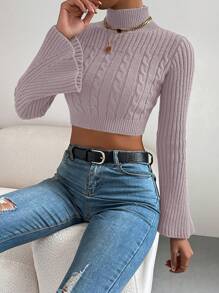 EURMUSE Mock Neck Cable Knit Crop Sweater - Dusty Pink - View 3
