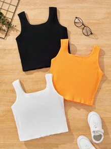 SHEIN Canotta Basic In Maglia Tinta Unita Per Ragazze, 3 Pezzi/set, Primavera Ed Estate - Multicolore - Visualizzare 2