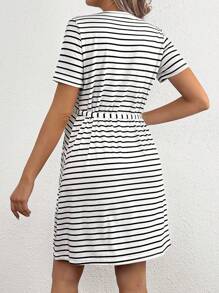SHEIN Maternity Striped Short Sleeve Dress - Black and White - View 2