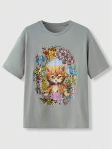 ROMWE Fairycore Casual Loose Fit Cat Jungle Print Round Neck Short Sleeve T-Shirt For Women - Green - View 1