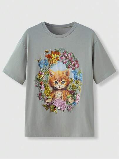 Fairycore T-shirt décontracté à coupe ample avec imprimé jungle de chat, col rond, manches courtes pour femmes