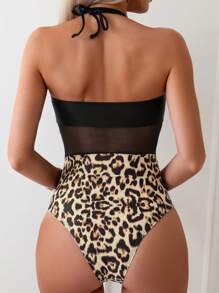 SHEIN Swim Sommer Einteiler Badeanzug mit zufälligem Muster und Mesh-Einsätzen