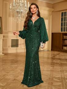 UNITHORSE Women's Deep V Neck Mermaid Hem Sparkly Lantern Sleeve Party Dress Wedding Guest Dress Formal Dress Evening Dress, Bride Dress, Birthday Outfits, Graduation Dress,Gown - Dark Green - View 7
