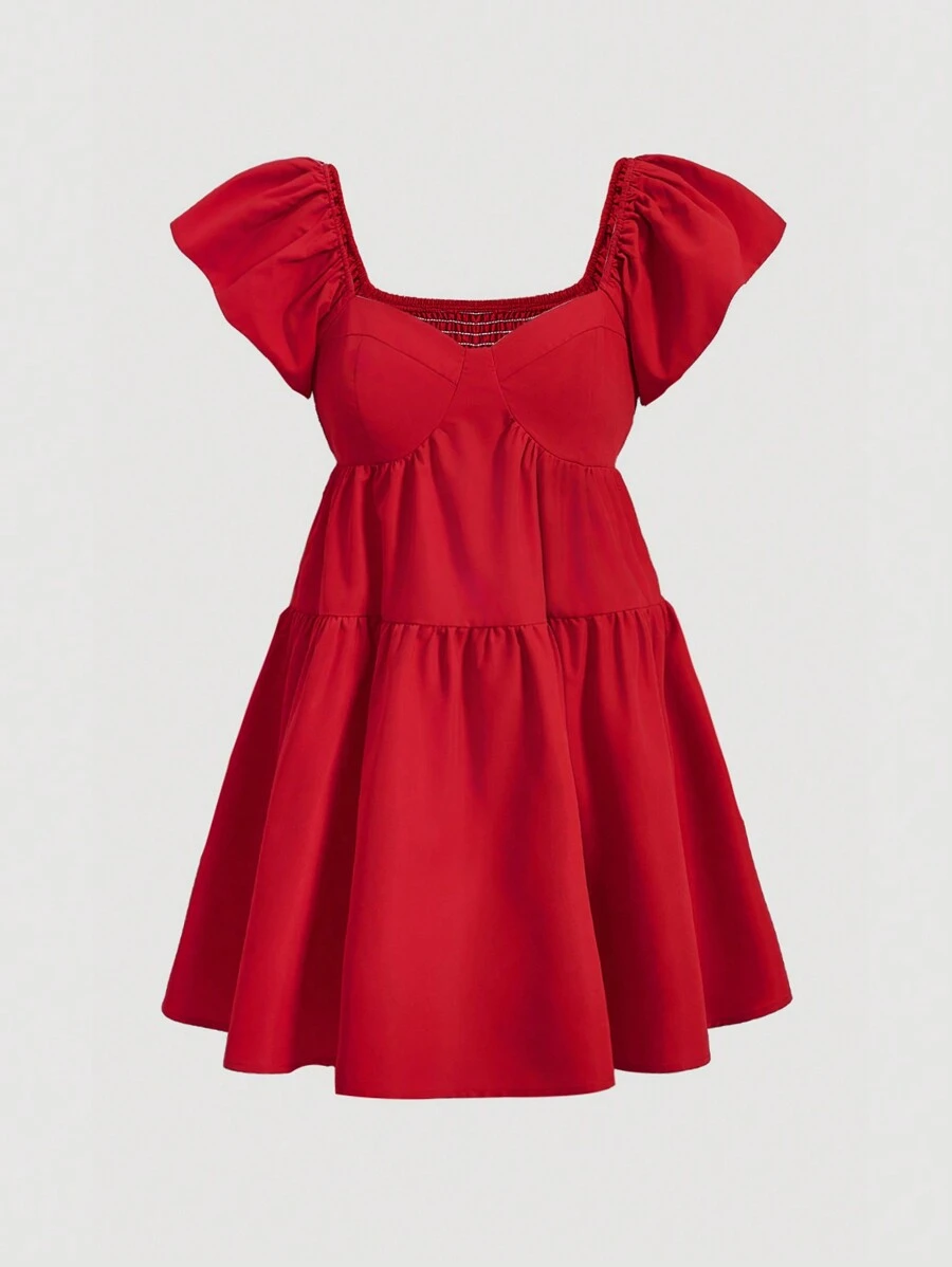 SHEIN MOD Women'S Solid Color Puff Sleeve Smoke Dress - Red - View 1