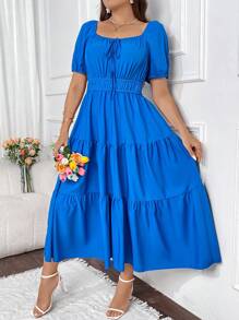 Flirla Vestido De Talla Grande Con Cuello Elegante Y Dobladillo Multicapa - Azul - Ver 4