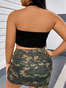 Flirla Plus Size Solid Color Halter Knitted Top - Black - View 2