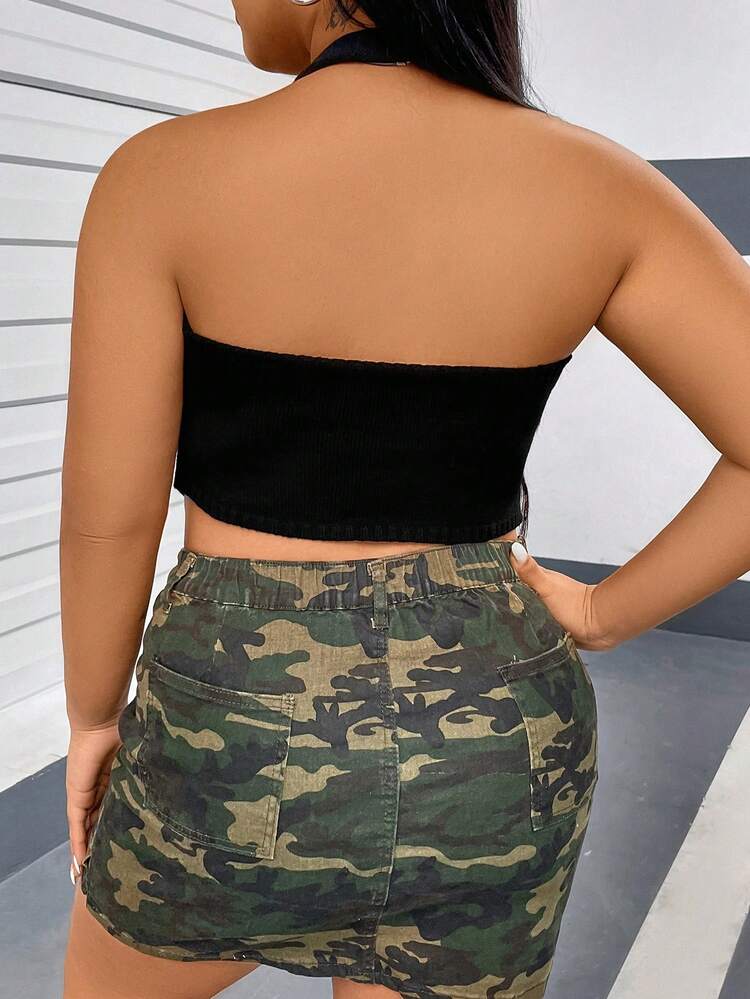 Plus Size Solid Color Halter Knitted Top