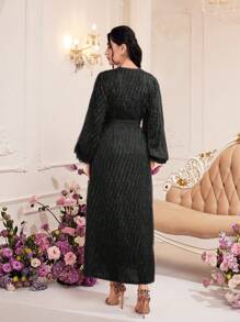 Modelyn Rochie de damă simplă cu bretele spaghetti și jachetă cu mânecă lanternă cu blană, 2 buc/set - Negru - Vizualizare 2