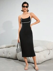 GENKIRA Women's Colorblock Slim-Fit Spaghetti Strap Dress - Black and White - View 5