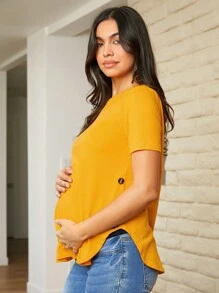 SHEIN Camisa Suelta Holgada De Manga Corta Para Maternidad De Color Sólido Con Detalle De Botones En El Cuello Redondo