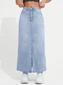 SHEIN EZwear Women's Light Blue Washed Denim Slit A-Line Skirt - Light Wash - View 1