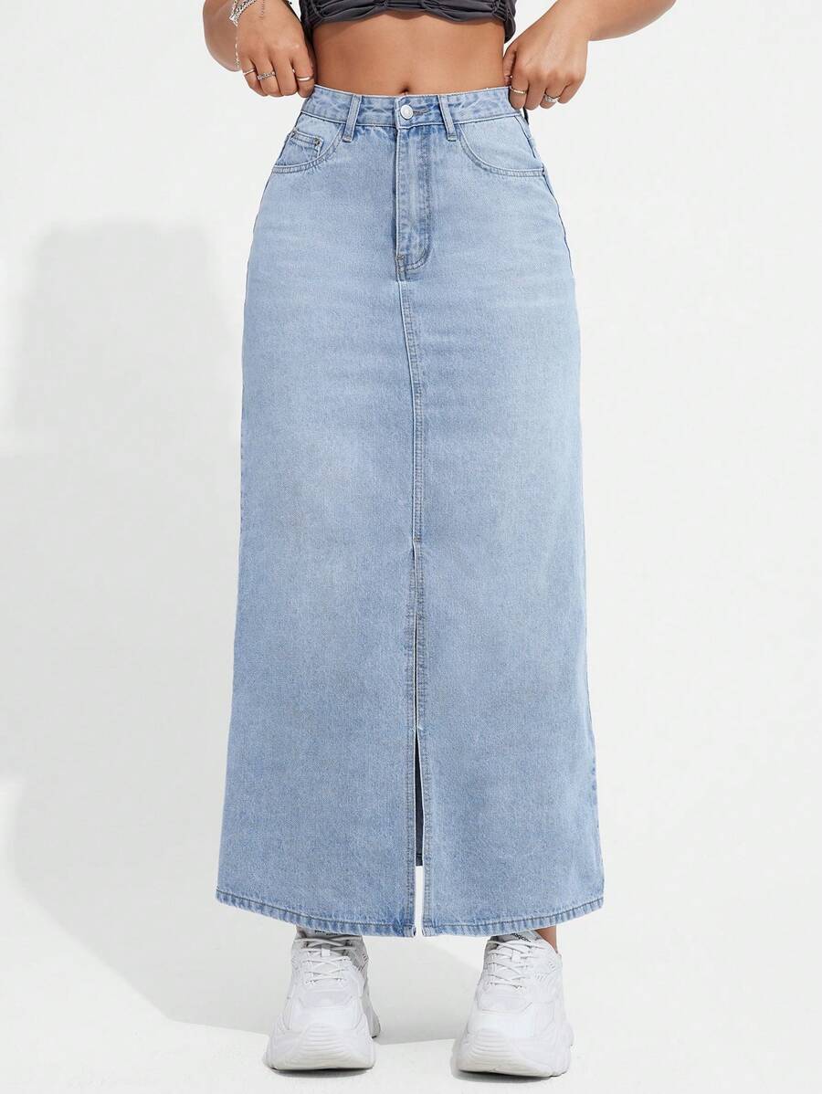 SHEIN EZwear Women's Light Blue Washed Denim Slit A-Line Skirt - Light Wash - View 1