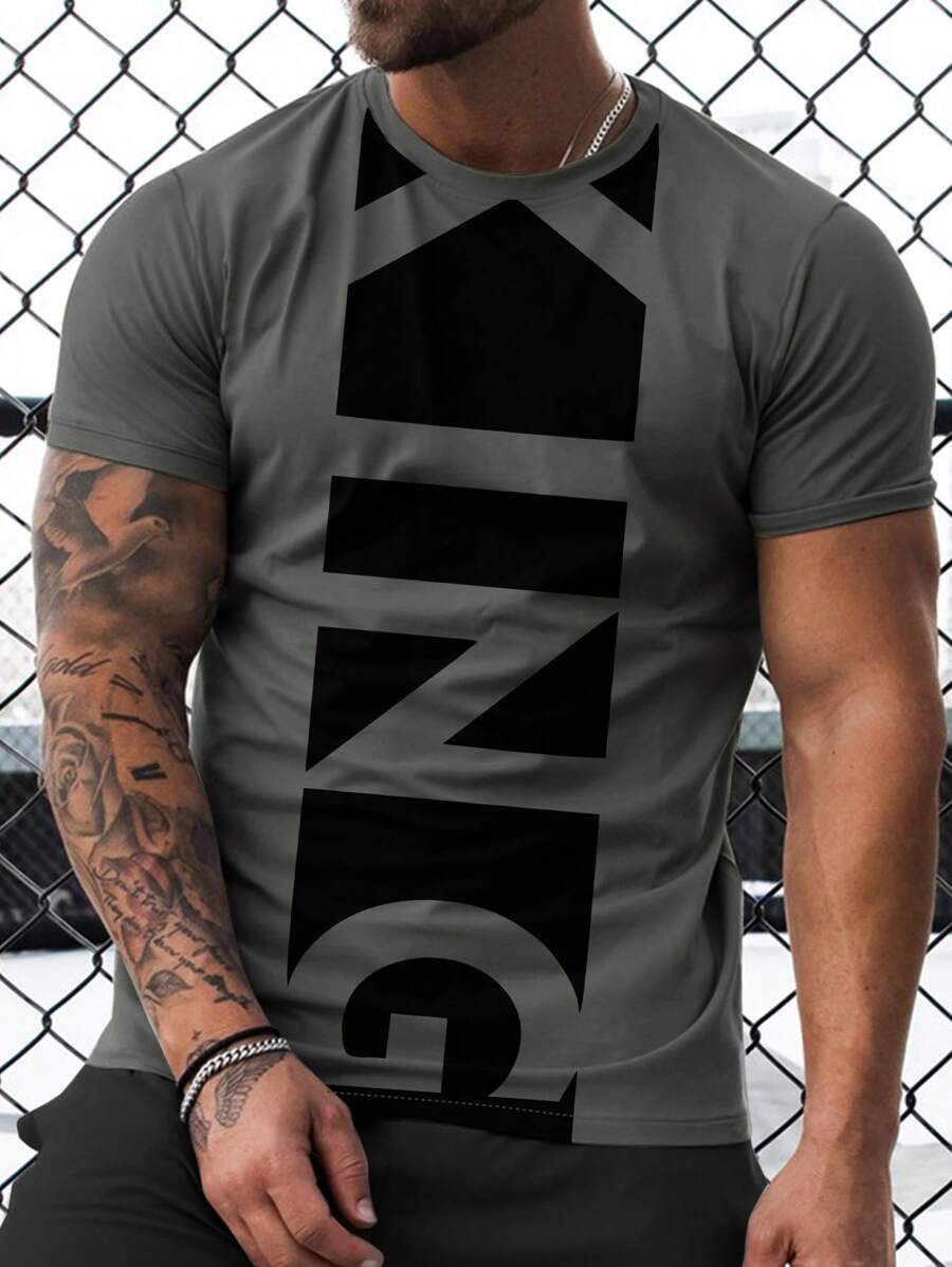Manfinity Roughcore Men Geometric King Letter Graphic Pattern Short Sleeve T-Shirt, For Going Out, For Husband - Grey - View 1