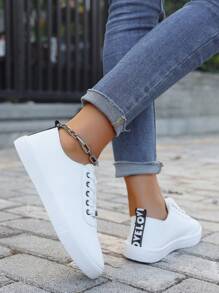 女士白色運動鞋,採用英式花朵鞋帶設計,圓頭,低幫,平底,時尚,透氣,防滑,適合學生穿著的休閒鞋 - 白色 - 查看 5