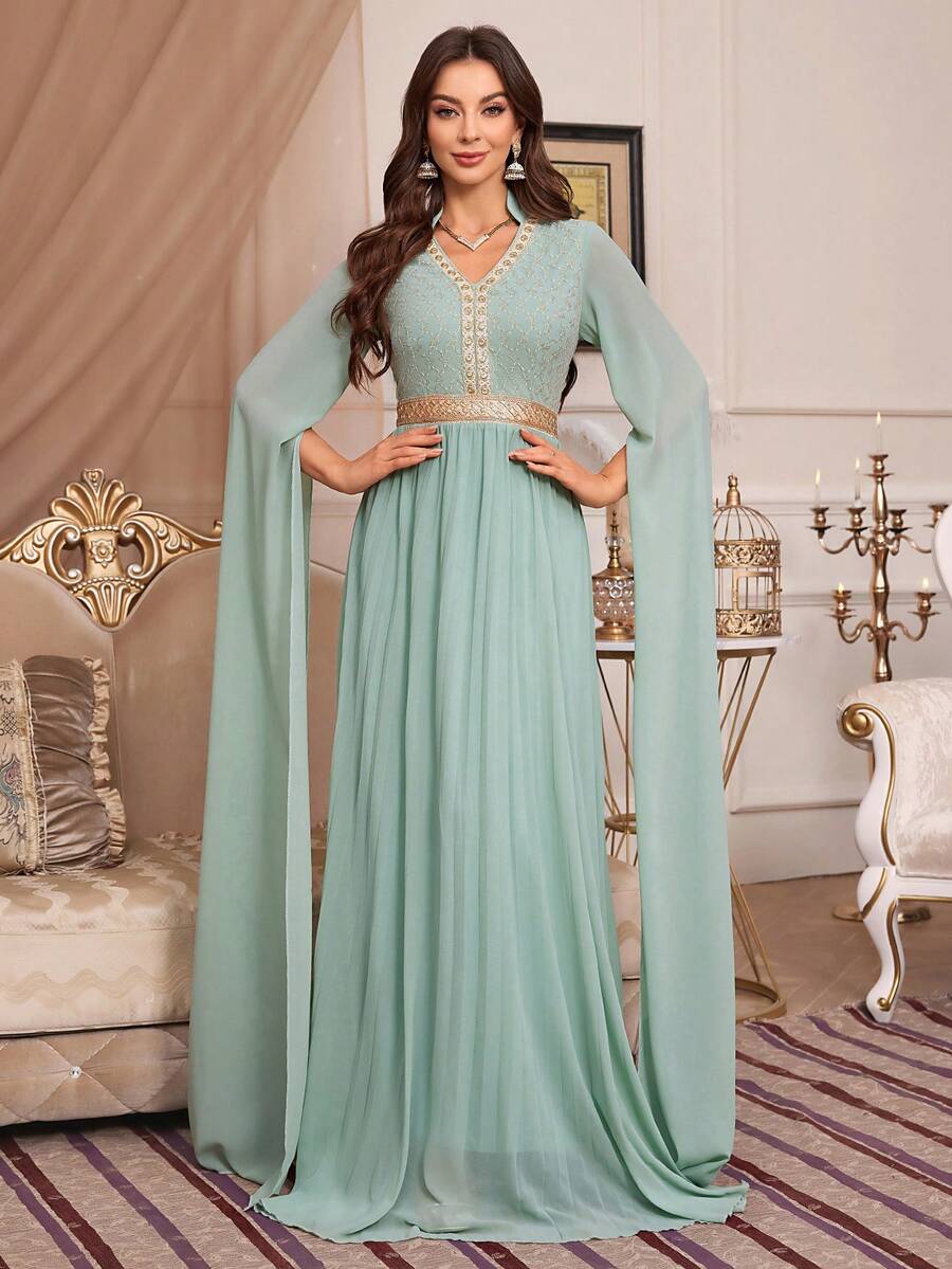 Women's Extra Long Sleeve Embroidered Ribbon Splice Cut-Out Neck Dress