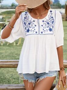 Breezaya Floral Embroidery Blouse Peplum Top For Vacation - White - View 5