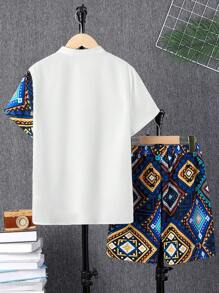 SHEIN Leap Crew Conjunto De Camisa De Manga Corta Con Cuello De Pie Y Shorts Con Patrón De Patchwork Para Niños Preadolescentes - Multicolor - Ver 10