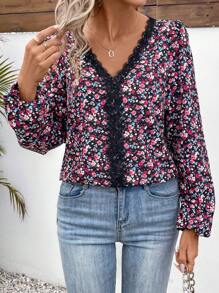 SHEIN Frenchy Của phụ nữ Hoa In Tay áo lồng đèn Tay áo dài Áo sơ mi - Màu xanh lam - Xem 1