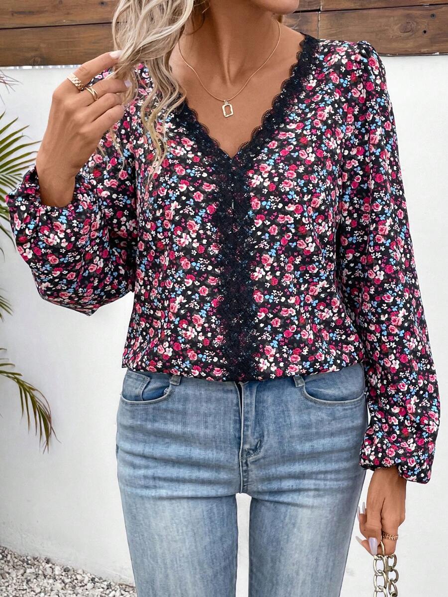 SHEIN Frenchy Của phụ nữ Hoa In Tay áo lồng đèn Tay áo dài Áo sơ mi - Màu xanh lam - Xem 1