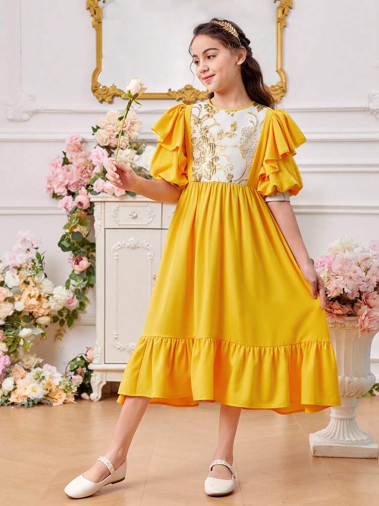 Tween Girls' Round Neck Lantern Sleeve Floral Jacquard Dress With Ruffle Details