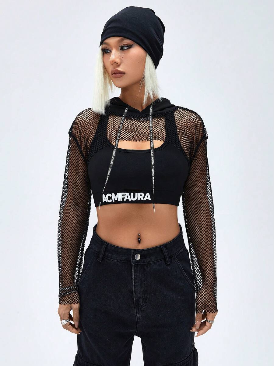 SHEIN Coolane 1 Miếng Siêu crop Lưới áo có mũ Áo Đối với phụ nữ - màu đen - Xem 1