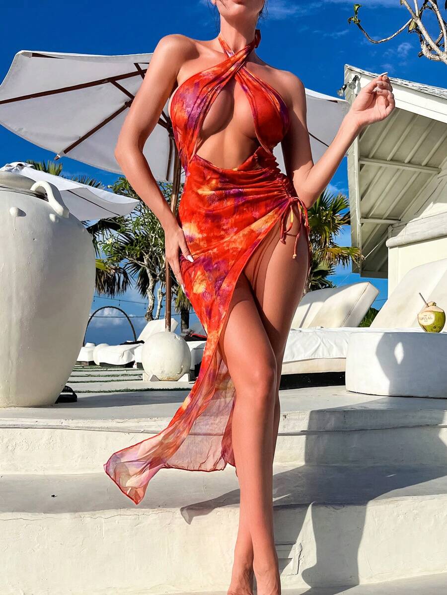 Swim Vcay Summer Women's Tie-Dye Halter Neck Hollow Out Detail Pleated Slit Fashion Cover-Up (Random Print) Valentine