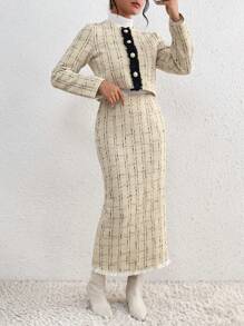 SHEIN Privé Tương phản màu Thô Len Áo khoác Và Bộ váy - Màu be - Xem 3