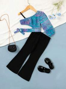 SHEIN 彩色不對稱人魚鱗片印花長袖上衣和喇叭褲年輕女孩休閒2件套裝 - 彩色 - 查看 2