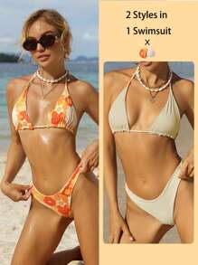 SHEIN Swim Ladies' Reversible Bikini Set Carnival Summer Beach - Multicolor - View 8