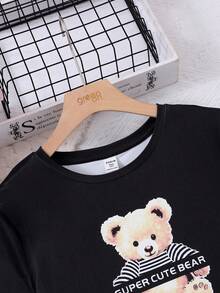 SHEIN Teen Girl Knitted Teddy Short Sleeve T-Shirt And Plaid Shorts Homewear Set - Black and White - View 3