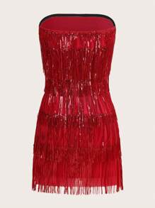SHEIN ICON Vestido Rojo Atractivo Sin Tirantes Para Mujer Con Flecos Y Lentejuelas Para Fiesta - Rojo - Ver 2