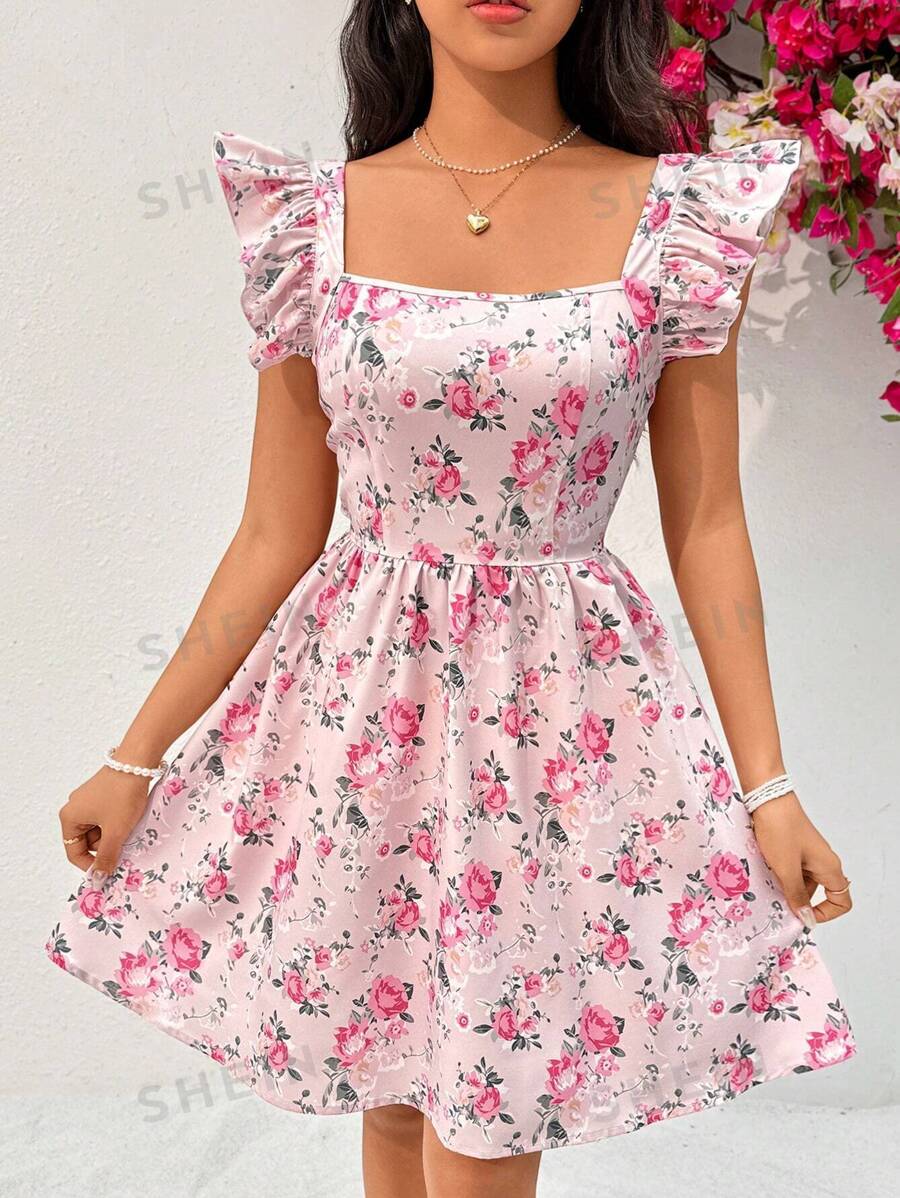Soleia Vestido corto de mujer con mangas cortas y estampado floral