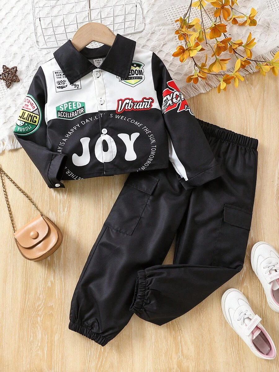 SHEIN 年轻女孩字母印花长袖衬衫和松紧袖口裤子两件套 - 黑與白 - 查看 1