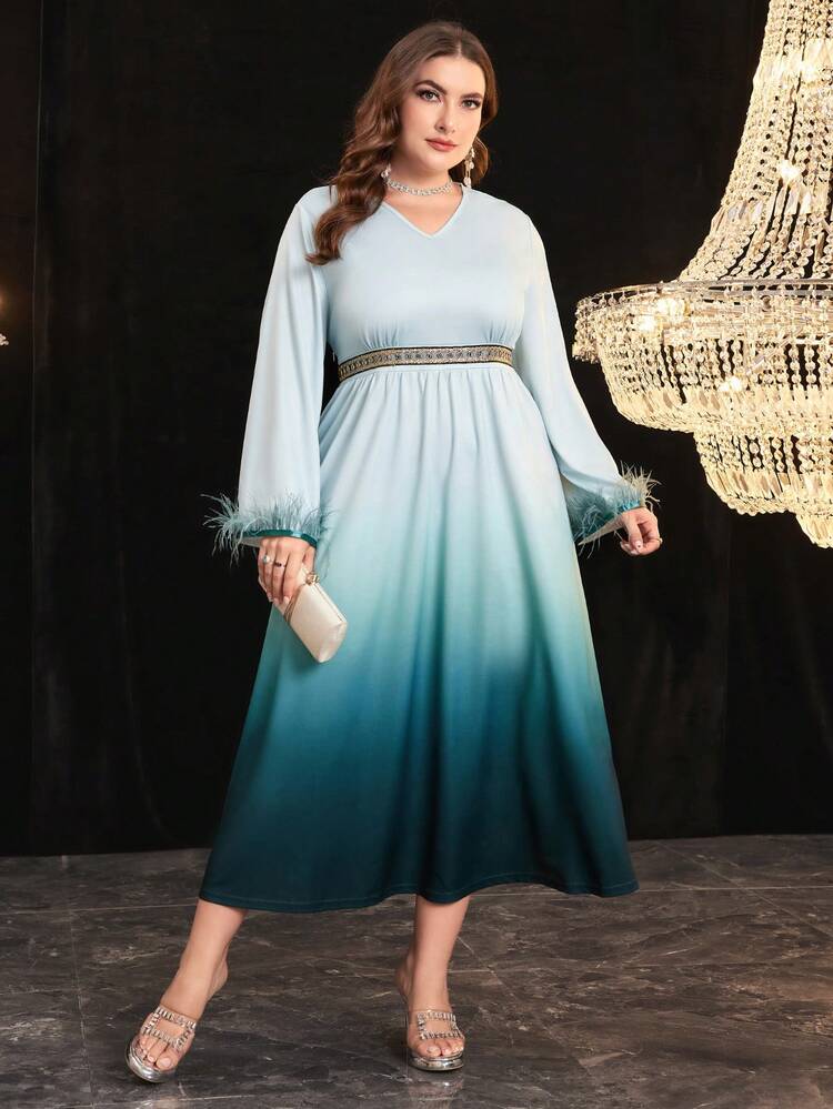 Plus Size Women's Gradient Sleeve Cuff Splice Furry Dress Long Evening Dresses Fall Cloth For Women