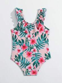 Traje de baño de una pieza para bebé niña con estampado de patrón de planta - Multicolor - Ver 2